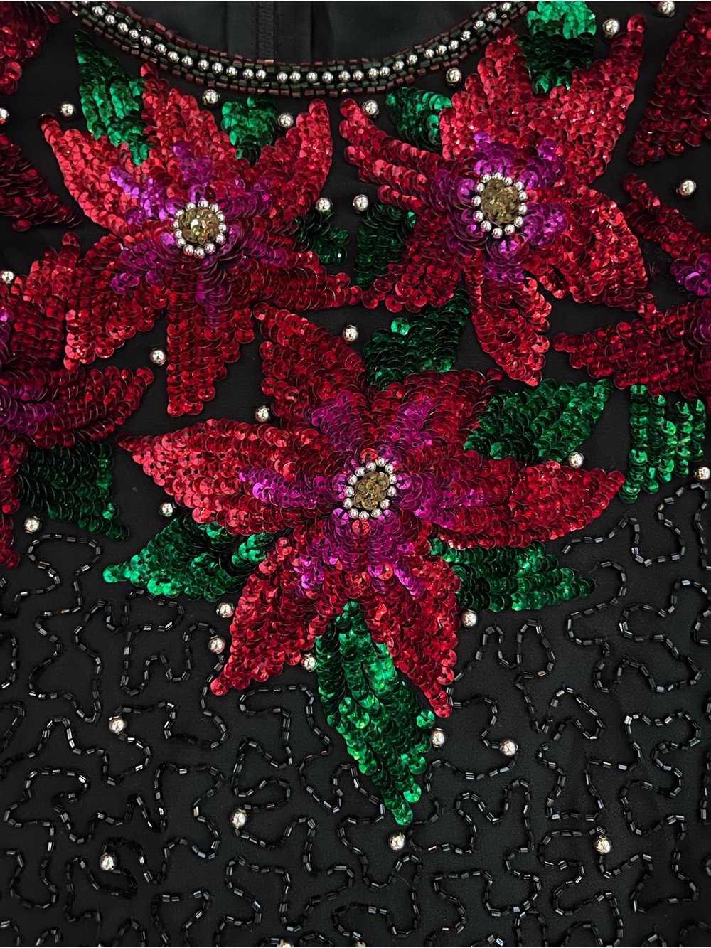 Laurence Kazar Silk Christmas Poinsettia Beaded Top XL